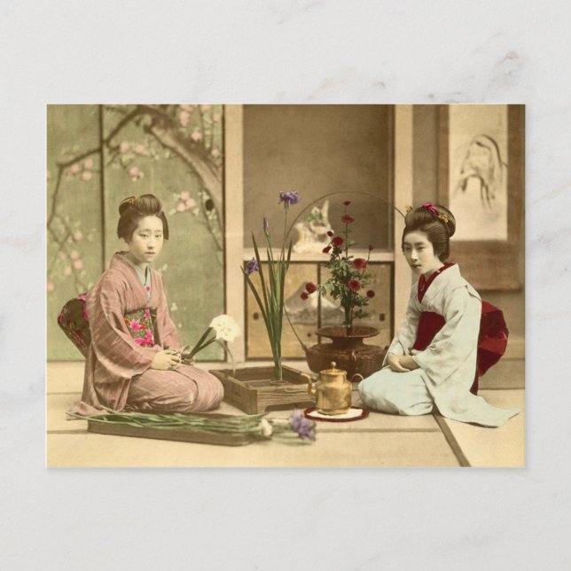 Ikebana - Beautiful Kimono Girls Arranging Flowers Postcard (Front)