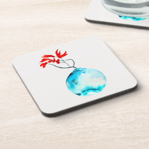 Ikebana blue vase watercolor art coaster