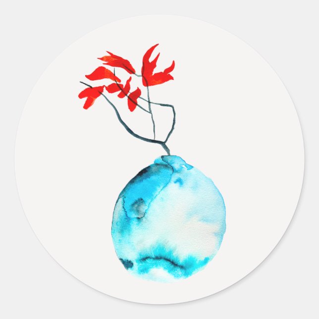 Ikebana watercolor blue vase classic round sticker (Front)