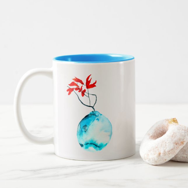 Ikebana watercolor blue vase Two-Tone coffee mug (With Donut)