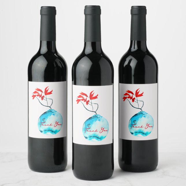 Ikebana watercolor blue vase wine label (Bottles)