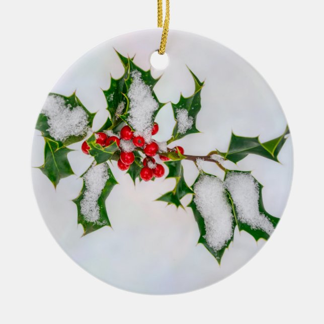 Ilex Red Christmas Holly Berries in Winter Snow -- Ceramic Tree Decoration (Front)