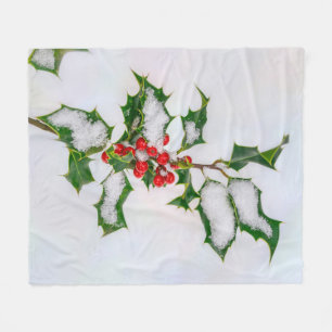Ilex Red Christmas Holly Berries in Winter Snow - Fleece Blanket