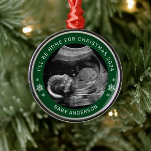 I'll Be Home For Christmas Baby Announcement Metal Tree Decoration