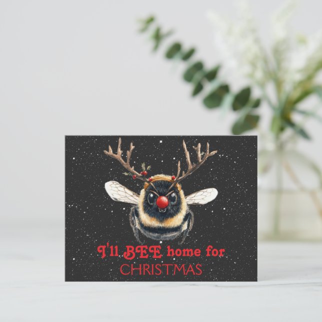 I'll BEE Home for Christmas Reindeer Bee Postcard (Standing Front)