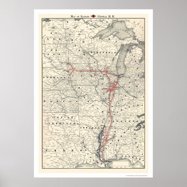 Illinois Central Railroad Map 1892 Poster (Front)