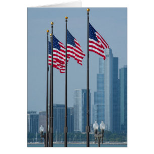 Illinois, Chicago. Navy Pier, US flags flying