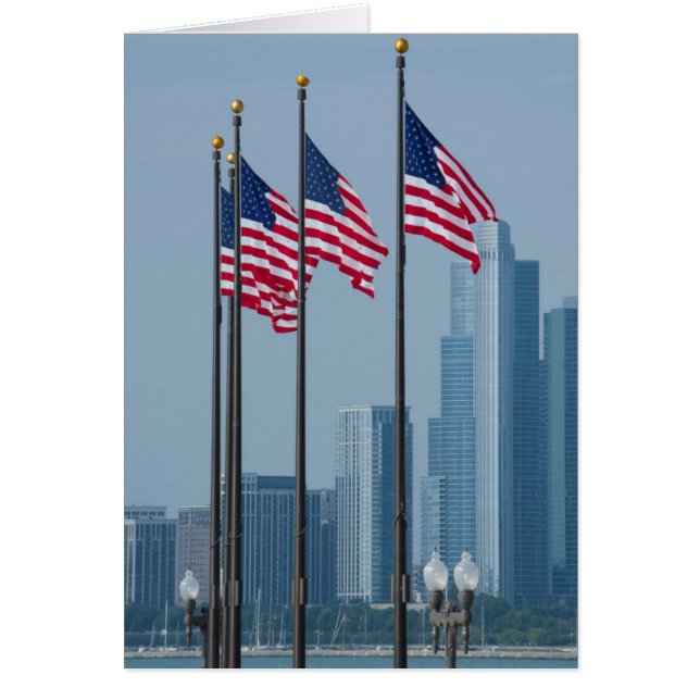Illinois, Chicago. Navy Pier, US flags flying (Front)