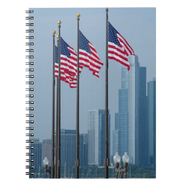 Illinois, Chicago. Navy Pier, US flags flying Notebook (Front)