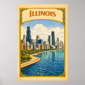 Illinois Chicago Skyline Vintage Poster