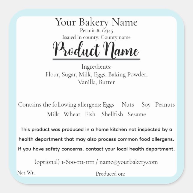 Illinois Cottage Food Business Blue Baking Label (Front)