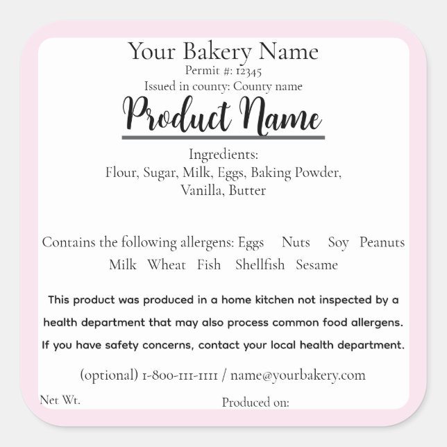 Illinois Cottage Food Business Pink Baking Label (Front)