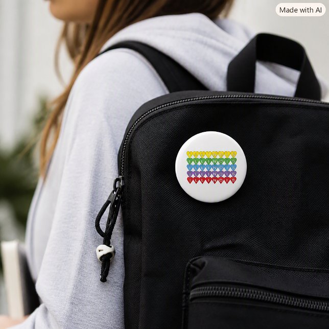 Illinois Heart Pattern Rainbow State Pride Design 6 Cm Round Badge (A pin back button that says Illinois in yellow, green, blue, purple & red hearts.)