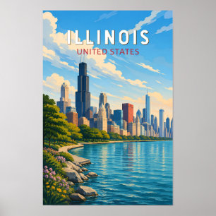 Illinois Illustration Travel Art Vintage Poster