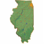 Illinois Map Magnet Cut Out<br><div class="desc">This magnet,  shaped like the state of Illinois,  displays a relief map of the state surrounded by a gold effect border. Illinoisan decor for your fridge. 
Map derived from images at nationalatlas.gov.</div>