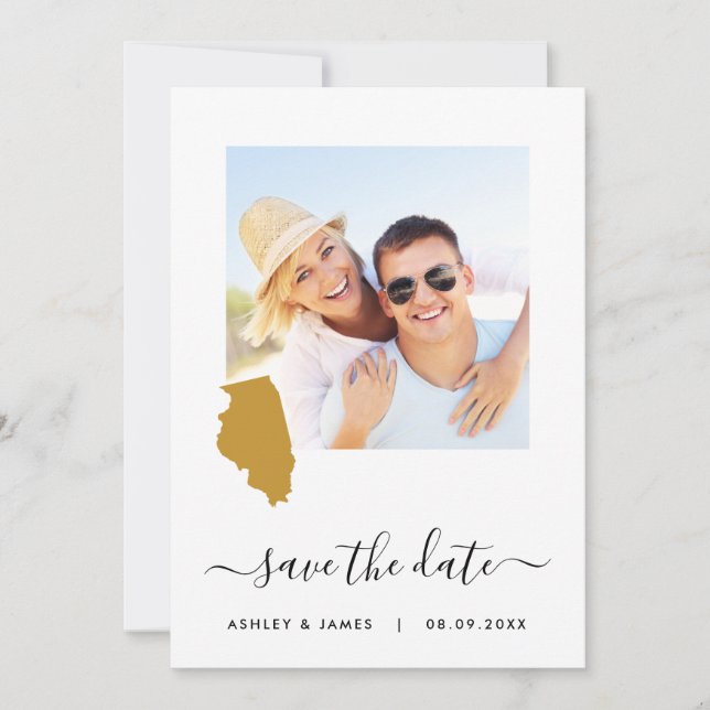 Illinois Map Photo Wedding Save the Date Card (Front)
