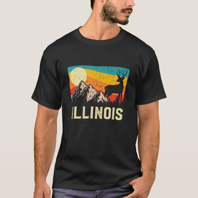 Illinois Nature Wild Deer Retro Sunset Hiking T-Shirt (Front)