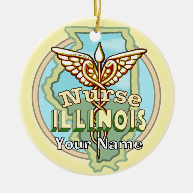 Illinois Nurse Caduceus  Ceramic Tree Decoration (Front)