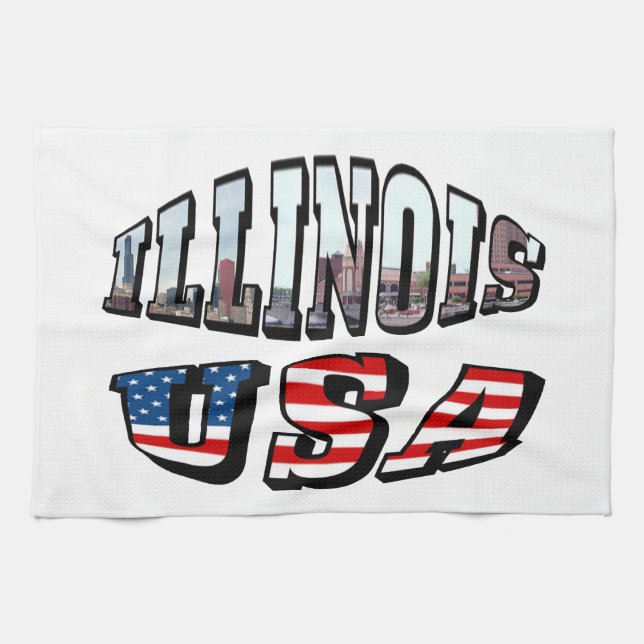 Illinois Picture and USA Flag Text Tea Towel (Horizontal)
