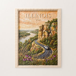 Illinois Road Trip Vintage River Bluffs Landscape Jigsaw Puzzle