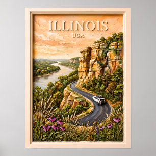 Illinois Road Trip Vintage River Bluffs Landscape Poster