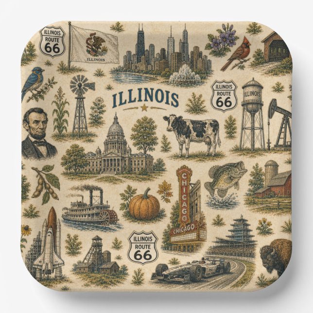 Illinois Route 66 Party Skyline Paper Plate (Front)