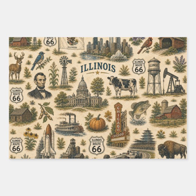 Illinois Route 66 Roadtrip Gift Wrapping Paper Sheet (Front)
