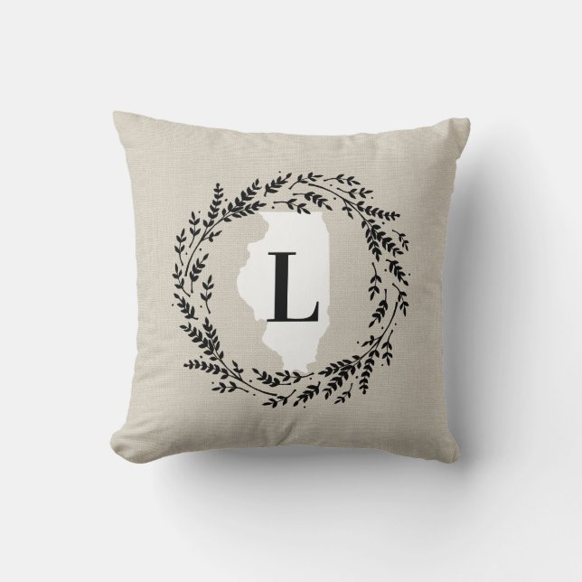 Illinois Rustic Wreath Monogram Throw Pillow (Front)