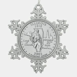 Illinois State Quarter Snowflake Pewter Christmas Ornament
