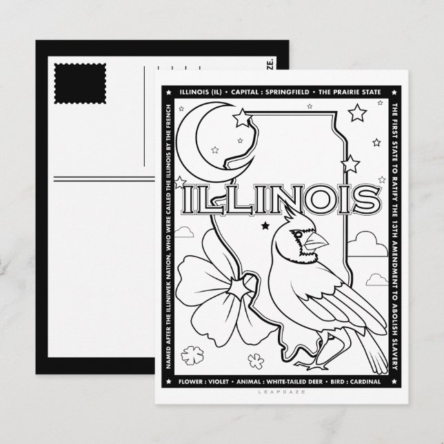 illinois state shape and facts colouring postcard (Front/Back)
