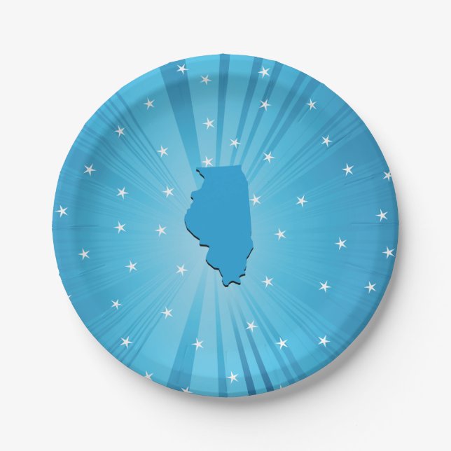 Illinois State Silhouette Blue Starburst Paper Plate (Front)