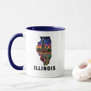 Illinois State Tattoo Style Skyline Jazz Saxophone Mug