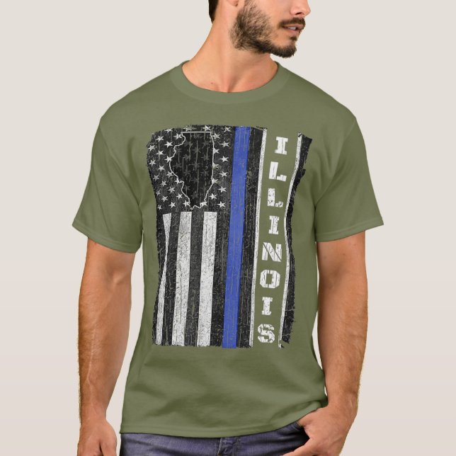 Illinois Thin Blue Line Police Week USA Flag Cop T-Shirt (Front)