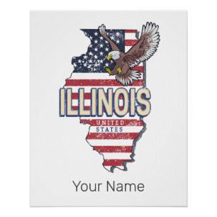 Illinois United States Eagle Retro Map Vintage USA Poster