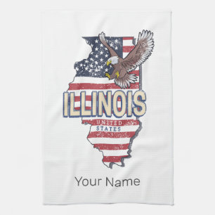 Illinois United States Eagle Retro Map Vintage USA Tea Towel