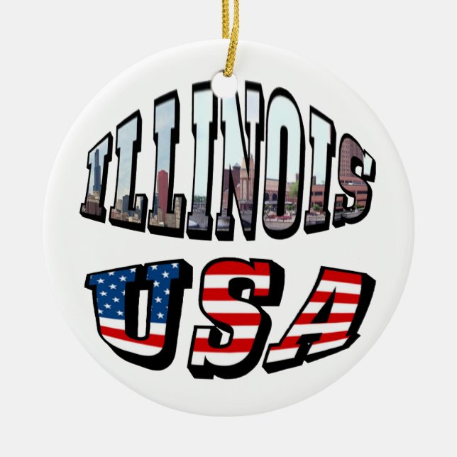 Illinois USA Flag & State Photo Text Ceramic Tree Decoration (Front)