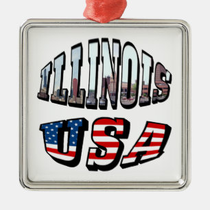 Illinois USA Flag & State Photo Text Metal Tree Decoration
