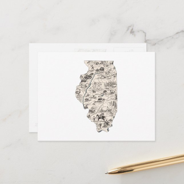 Illinois Vintage Picture Map Antique State Chart Postcard (Front/Back In Situ)