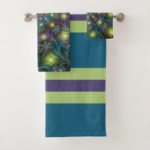 Illuminated Abstract Shiny Teal Purple Fractal Art Bath Towel Set