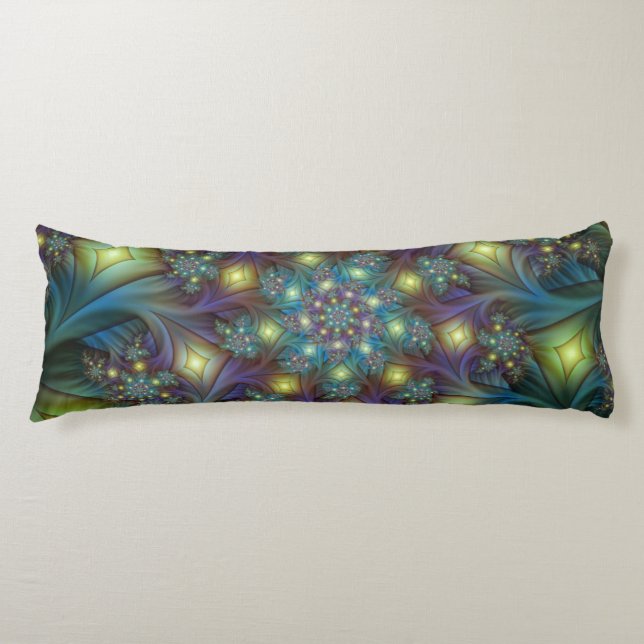 Illuminated Abstract Shiny Teal Purple Fractal Art Body Cushion (Front)