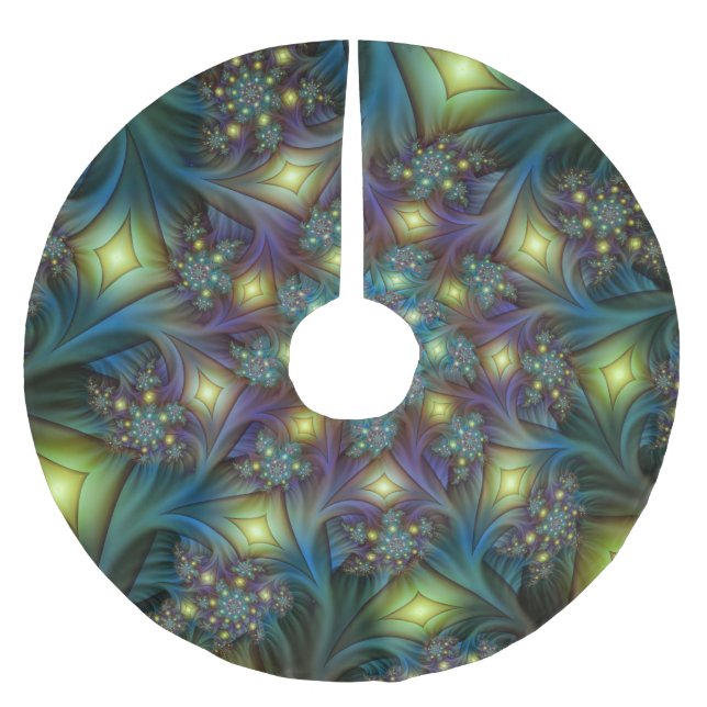 Illuminated Abstract Shiny Teal Purple Fractal Art Brushed Polyester Tree Skirt (Front)