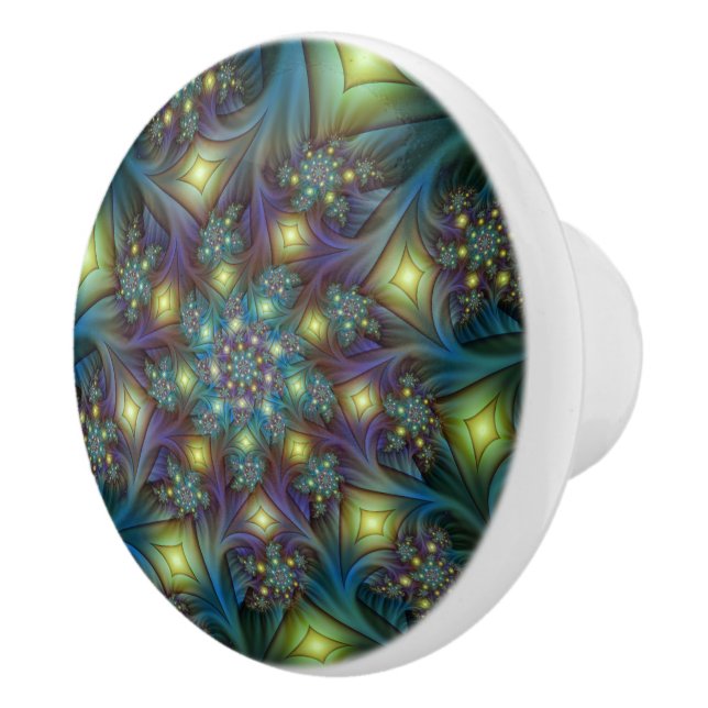 Illuminated Abstract Shiny Teal Purple Fractal Art Ceramic Knob (Right)