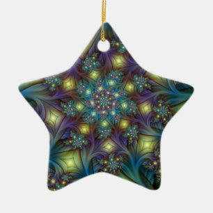 Illuminated Abstract Shiny Teal Purple Fractal Art Ceramic Tree Decoration
