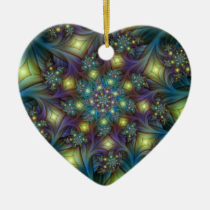 Illuminated Abstract Shiny Teal Purple Fractal Art Ceramic Tree Decoration