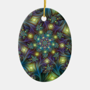Illuminated Abstract Shiny Teal Purple Fractal Art Ceramic Tree Decoration