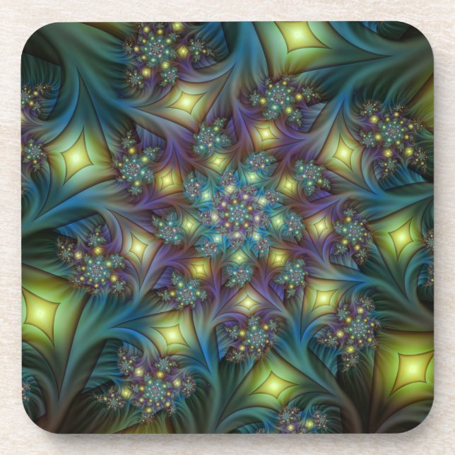 Illuminated Abstract Shiny Teal Purple Fractal Art Coaster (Front)
