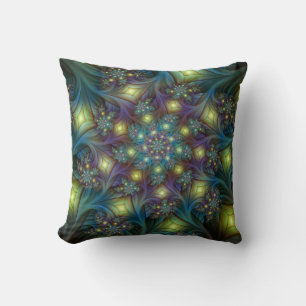 Illuminated Abstract Shiny Teal Purple Fractal Art Cushion