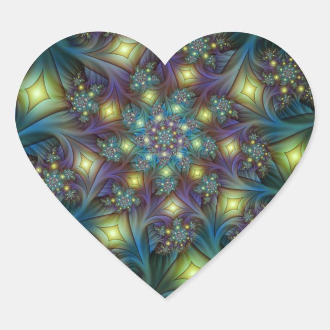 Illuminated Abstract Shiny Teal Purple Fractal Art Heart Sticker (Front)