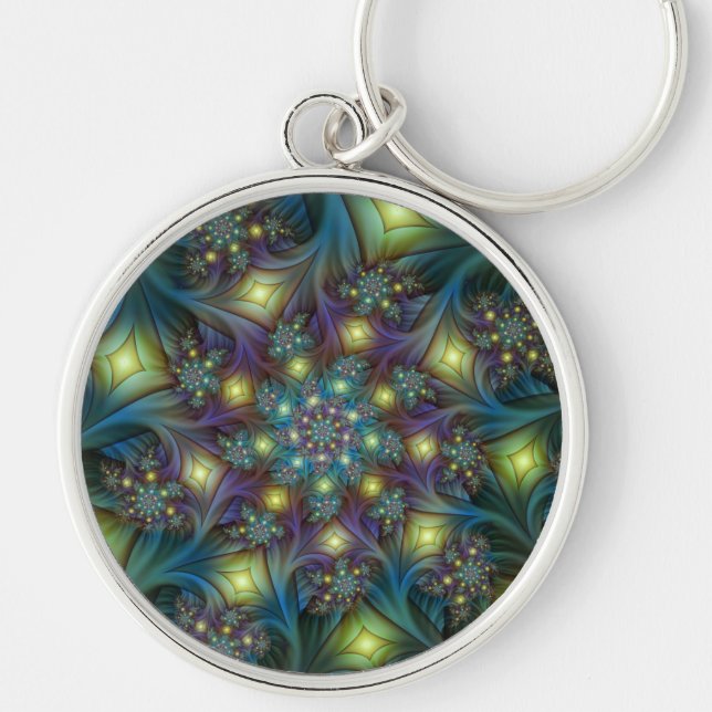 Illuminated Abstract Shiny Teal Purple Fractal Art Key Ring (Front)