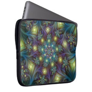 Illuminated Abstract Shiny Teal Purple Fractal Art Laptop Sleeve